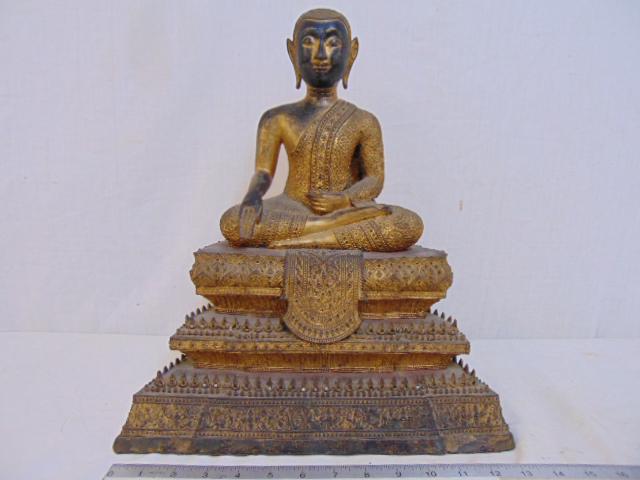 Antique gilt Thai bronze, seated Buddha on elaborate (1 of 7)