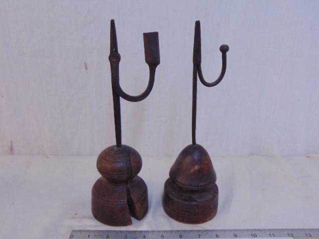 2 early wrought iron & wood rushlights, one with candle (1 of 5)