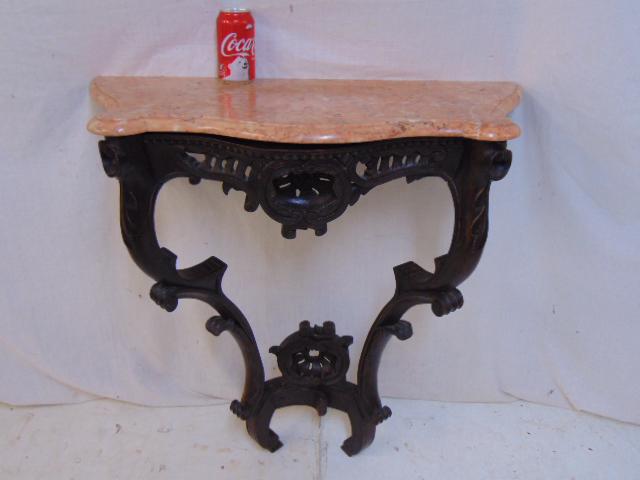Marble top wall console, carved wood base, pink marble, (1 of 4)