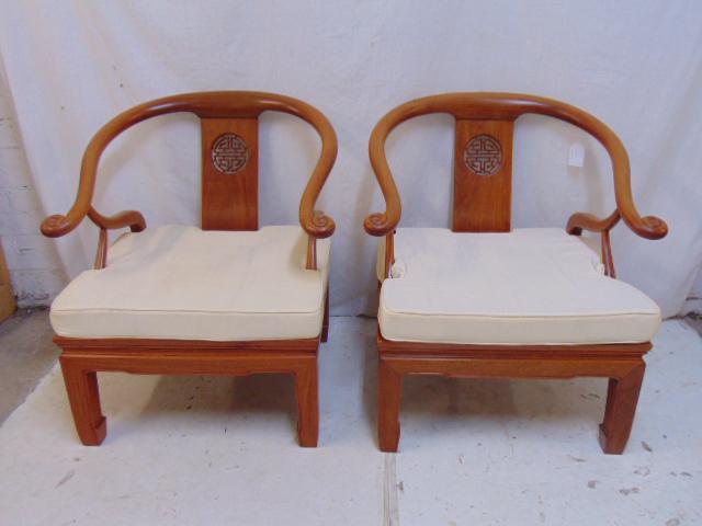 Pair Chinese arm chairs, carved detail, mahogany & teak (1 of 6)