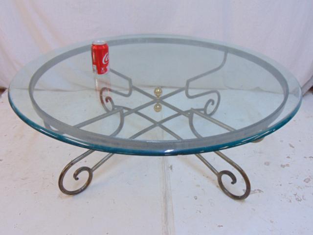 Glass top, iron base coffee table with brass finials, (1 of 5)