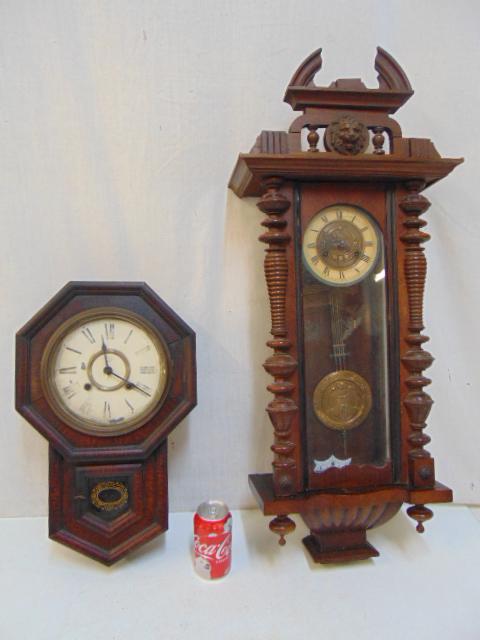 2 wall clocks, regulator with carved detail & Sessions (1 of 5)