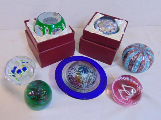 7 art glass paperweights, floral, globes, hearts, (1 of 6)