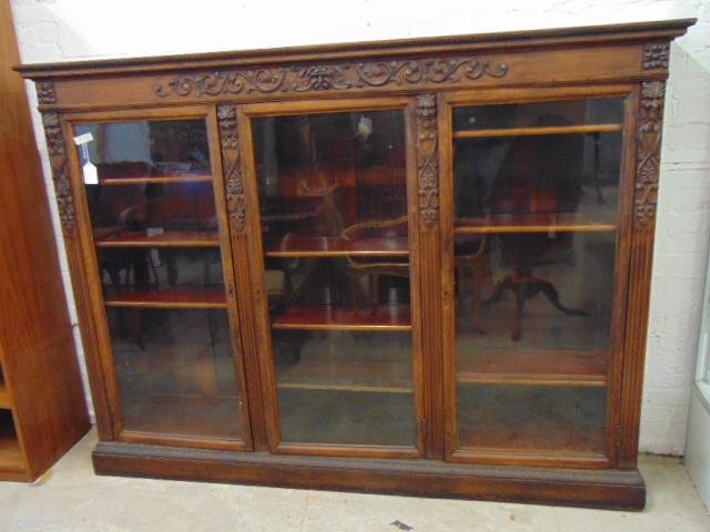 Triple door carved oak bookcase with carved lions, 78" (1 of 4)