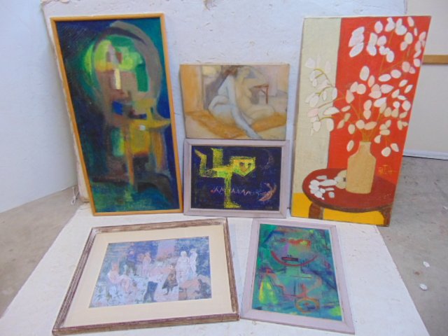 Art lot, 6 paintings, Thea Wisser, abstract scenes (1 of 10)
