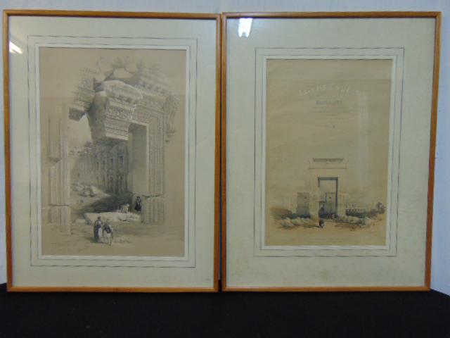 2 Egyptian prints, "Egypt & Nubia", David Roberts,: 2 Egyptian prints, "Egypt & Nubia", David Roberts, includes cover art scene & scene of figures near the great temple of Baalbec, each is 20.25" by 14.25", 1839. Edition unknown, cover page shows the l