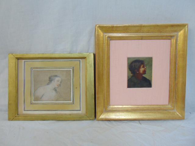 2 paintings, portrait lady, boy, watercolor / pastel: 2 paintings, portrait lady, boy, watercolor / pastel portrait of a lady signed lubli...(???) with various Italian stamps on reverse & oil on board, portrait of a boy, Leon Moran (marked on reverse, fr