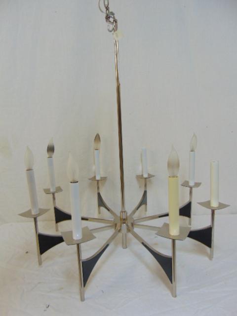 Chandelier, MCM light fixture design after Gaetano: Chandelier, MCM light fixture design after Gaetano Sciolari or Tommi Parzinger, 8 arms, height is 29", diameter is 26". Notice: Please note that our auctions will continue in the online only format, y