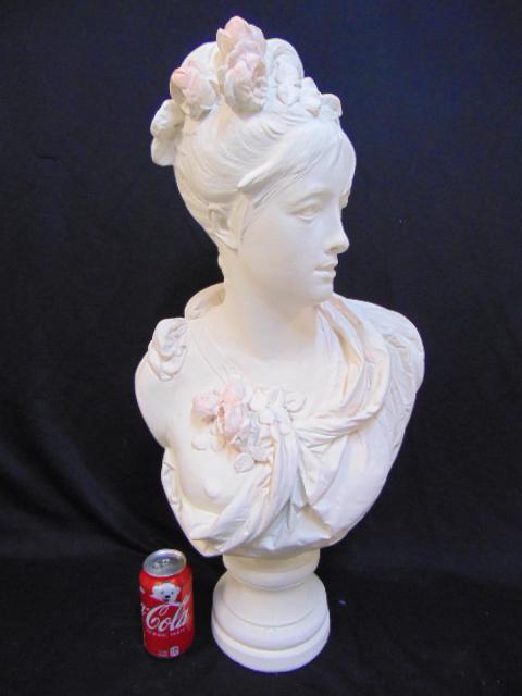Plaster bust, woman with bow in hair, Carrier Belleusi,: Plaster bust, woman with bow in hair, Carrier Belleusi, height is 28.5". Notice: Please note that our auctions will continue in the online only format, you can bid with confidence as all purchases wil