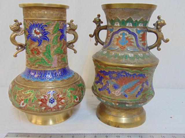 2 Asian champleve brass vases, 2 decorative brass: 2 Asian champleve brass vases, 2 decorative brass vases, each is 12" tall. Notice: Please note that our auctions will continue in the online only format, you can bid with confidence as all purchases w