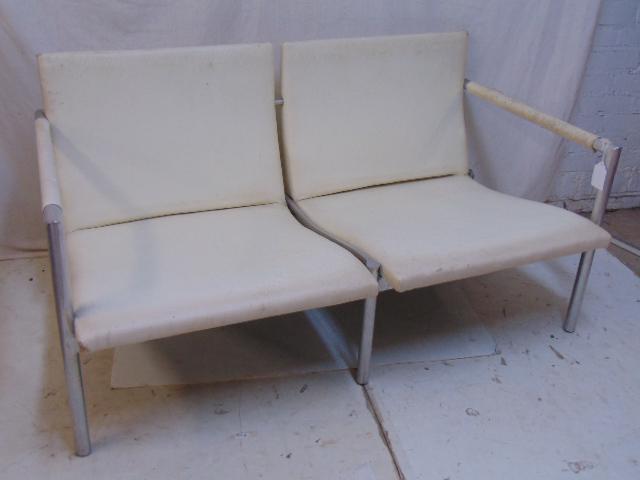 MCM aluminum & white vinyl bench, double seat loveseat,: MCM aluminum & white vinyl bench, double seat loveseat, 52" wide, 30" deep, height is 28". Notice: Please note that our auctions will continue in the online only format, you can bid with confidence as