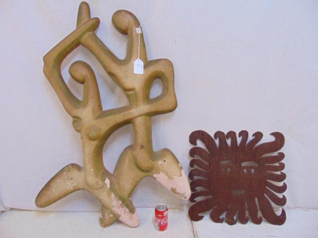 Sculpture lot, plaster sculpture wall sconce, 2 figures: Sculpture lot, plaster sculpture wall sconce, 2 figures dancing & metal cut-out of the sun (rusted), sun is 19" by 20", plaster figural sconce has repair, height is 43.5". Notice: Please note that our