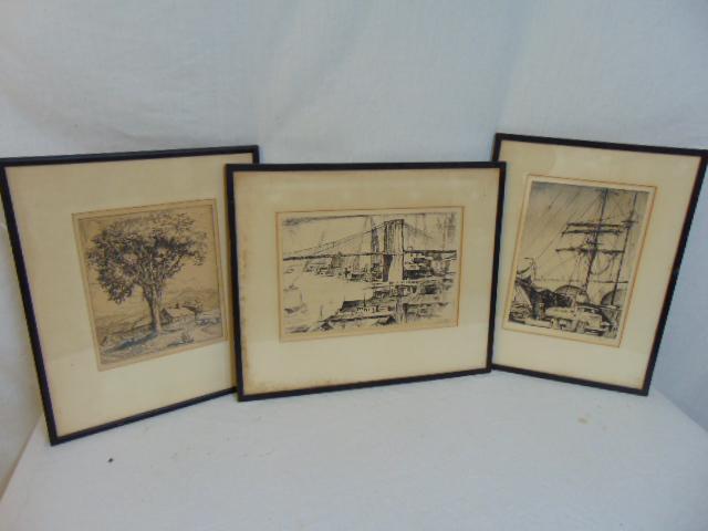 3 etchings, Frederick Robbins & E. (Earl) Horter, two: 3 etchings, Frederick Robbins & E. Horter, two etchings, Brooklyn Bridge, boats, signed E. Horter & etching, "The Great Elm, Calvin Coolidge Birthplace", signed Frederick Robbins. Notice: Please note