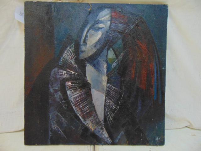 Painting, figure, signed "H.M", with Greek (?) writing: Painting, figure, signed "H.M", with Greek (?) writing on reverse with label, canvas is 19.25" by 19.25". Notice: Please note that our auctions will continue in the online only format, you can bid wit