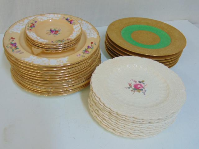 3 sets porcelain plates, Spode for Tiffany, Copeland,: 3 sets porcelain plates, Spode for Tiffany, Copeland, Hutschenreuther, includes 12 cream colored Spode's Jewel, Copeland plates with floral center, patented 1925, 9"; 6 green & gold decorated 11" dinn