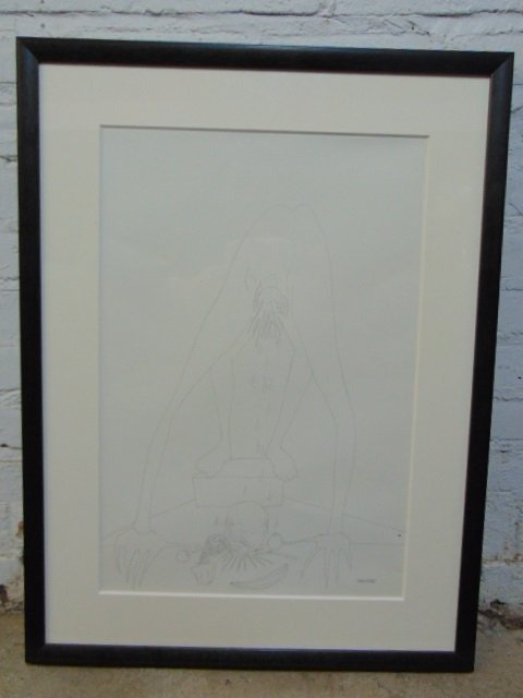 Pen & Ink, "Sacrifice", Benny Andrews, study on reverse: Benny Andrews pen & ink drawing showing a bend over figure and vegetables, banana, has pencil drawing on reverse, reverse is titled "Sacrifice", 22" by 15", signed and dated, April 12, 1993, well fram