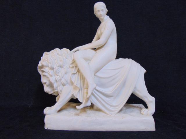John Bell Parian statue, nude on lion, by Minton, base: John Bell Parian statue, nude on lion, by Minton, base is 12" by 5", height is 14.5", as is, tail broken, one leg glued.