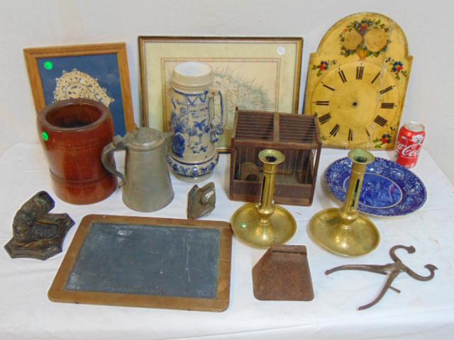 Country lot, brass push up candlesticks, clock face,: Country lot, brass push up candlesticks, clock face, flo blue plate, early map, pewter tankard, large stein & more.
