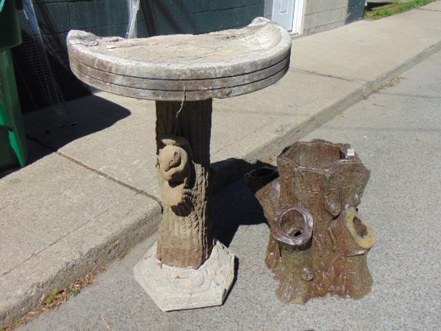 Faux bois terra cotta planter & Kentucky Limestone: Faux bois terra cotta planter & Kentucky Limestone column with squirrel, column comes with as is top & base, faux bois planter missing one "branch"