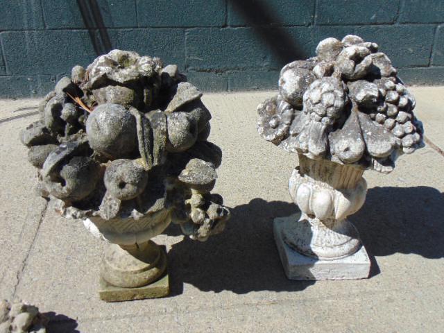 Pair cement flower baskets, garden ornaments, one has: Pair cement flower baskets, garden ornaments, one has top broken off, 22" tall