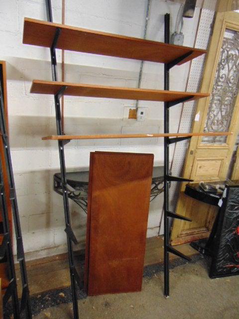 Wall shelf, Mid Century, metal adjustable rails with 6: Wall shelf, Mid Century, metal adjustable rails with 6 wood shelves, 2 shelves are 48.5" by 12", 4 shelves are 48.5" by 18.5", rails are 95", tension bases