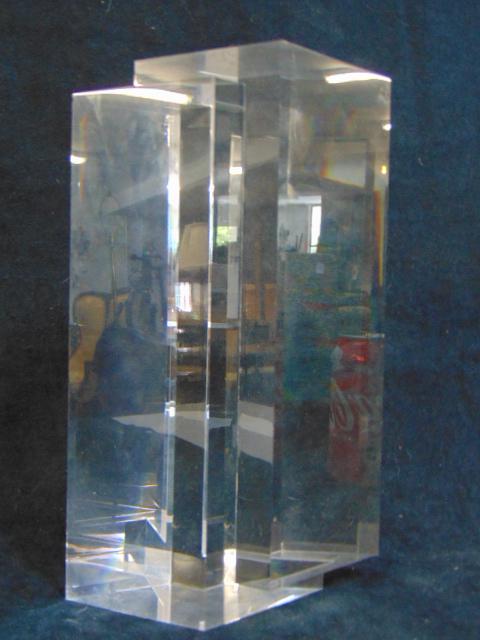 Lucite sculpture, Alessio Tasca, diamond shaped column,: Lucite sculpture, Alessio Tasca, diamond shaped column, height is 10 3/8".Note, there is a very minor blemish on one corner, chip, less then 1/8", we tried to photograph it, but it's too small.