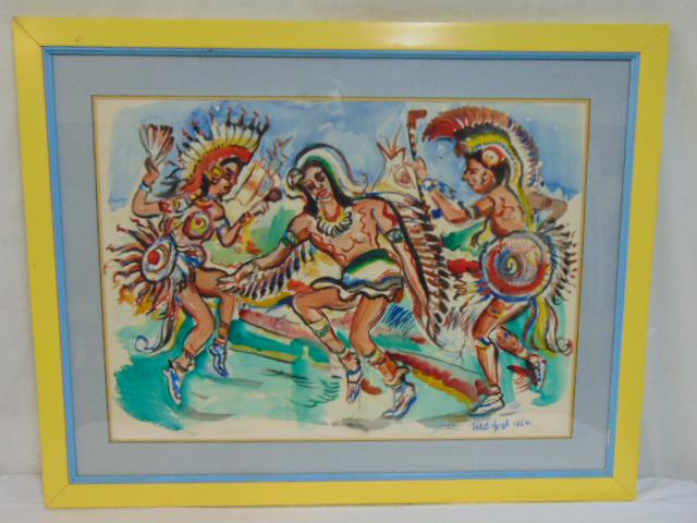 Painting, Indian dance, Frederick Yost, watercolor on: Painting, Indian dance, Frederick Yost, watercolor on paper showing 3 native American Indians performing a ceremonial dance, 1964, 20.5" by 28.75"