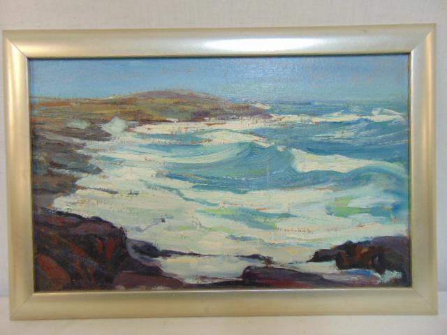 Painting, coastal scene, Charles Bailey Cook, oil on: Painting, coastal scene, Charles Bailey Cook, oil on panel, 1948, "Marine", ex collection John Day, 10" by 16", with paperwork from River Gallery.