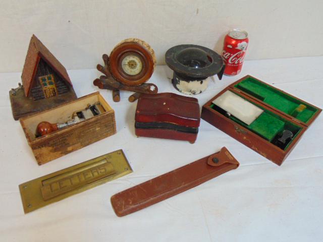 Lot, compass, music box, clock, optical instrument,: Lot, compass, music box, clock, optical instrument, house shaped box, Dietzgen measuring device, see images for more info.