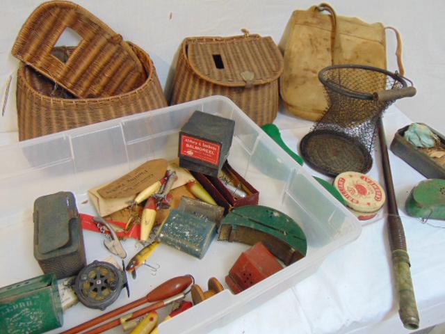 Large lot vintage fishing equipment, baskets, lures,: Large lot vintage fishing equipment, baskets, lures, reels, tackle boxes & more