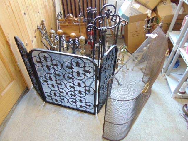 Large lot selection vintage hearth items andirons;: Large lot selection vintage hearth items andirons; screens; tools; etc..