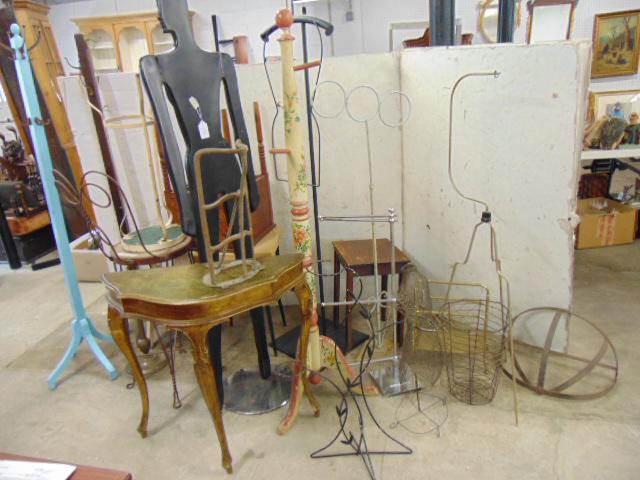 Misc, furniture lot, including mannequins, mag stand,: Misc, furniture lot, including mannequins, mag stand, hall trees, small console table, parlor chair, & more