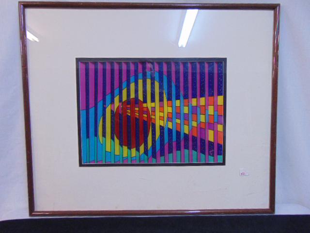 Kinetic pop art scene, signed illegibly, Johan Shiehl: Kinetic pop art scene, signed illegibly, Johan Shiehl (??), additional writing on reverse (see images), 14.75" by 21"