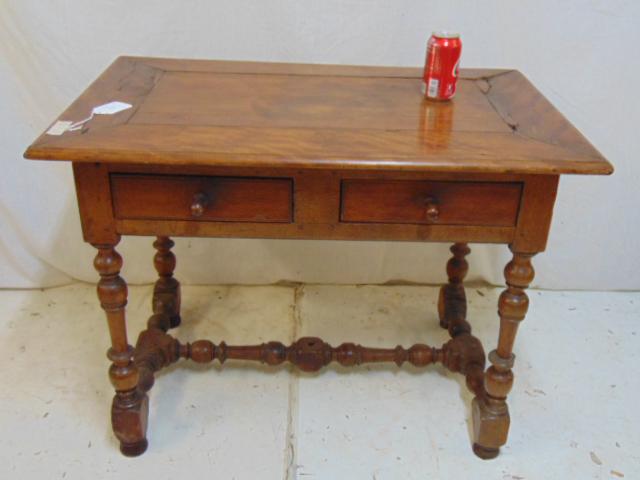 Antique stretcher base writing table, two drawers,: Antique stretcher base writing table, two drawers, appears late 18th Century, old repairs in top, table is 36.25" by 23.75", height is 27"