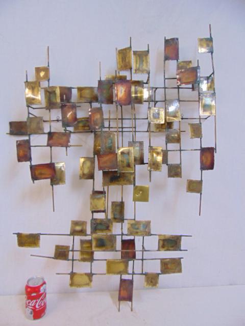 Mid Century wall sculpture, manner of Curtis Jere,: Mid Century wall sculpture, manner of Curtis Jere, copper & brass squares on framework, sculpture is 36.5" by 28.5"