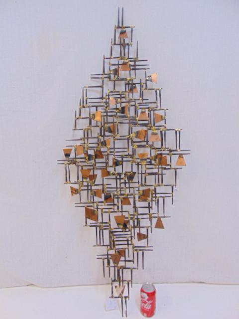 Mid Century wall "nail" sculpture, manner of Silas: Mid Century wall "nail" sculpture, manner of Silas Seandel, Curtis Jere, brass & iron nails unsigned, sculpture is 50" by 21.75"