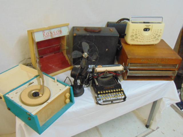 Typewriter, Ronson case, two vintage fans, sewing machi: Typewriter, Ronson display case, two vintage fans, Panasonic portable radio, Hemingway Silks oak display case, early sewing machine by Willcox & Gibbs, New York & more