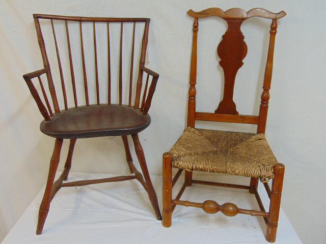 2 antique chairs, rush seat side chair & Windsor arm: 2 antique chairs, rush seat side chair & Windsor arm chair