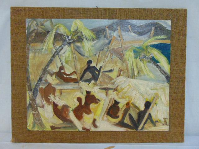 Painting, figures on tropical beach, Uta von Bern,: Painting, figures on tropical beach, Uta von Bern, painted on board, mounted on canvas covered masonite panel, 14" by 18"