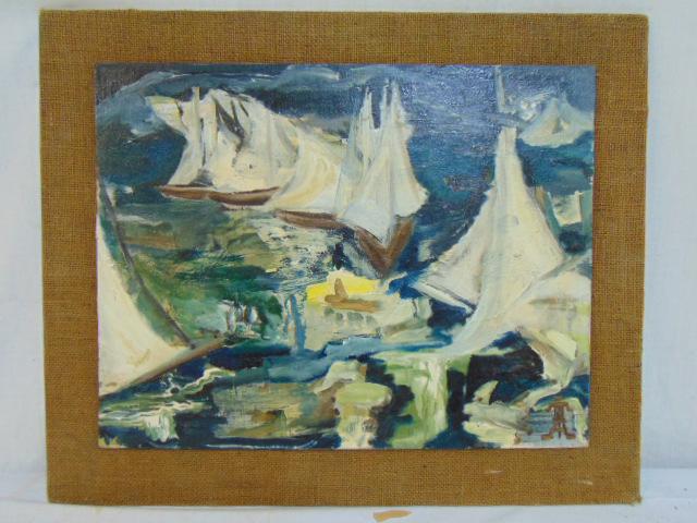 Painting, sailboats, Uta von Bern, painted on board,: Painting, sailboats, Uta von Bern, painted on board, mounted on canvas covered masonite panel, 14" by 18"