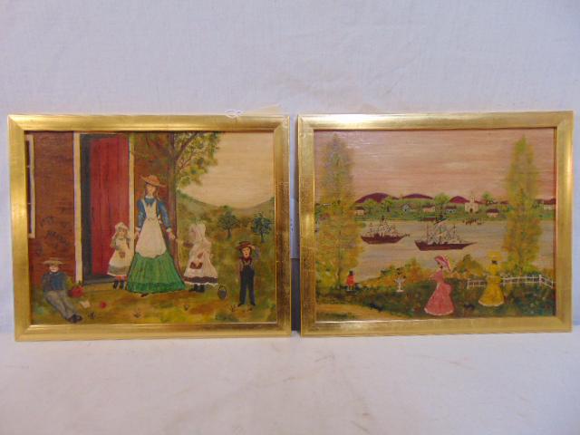 Pair paintings, folk art scenes, John J. Loepez (?),: Pair paintings, folk art scenes, John J. Loepez (?), titled "Riverside" & "Going to School", both painted on board, each panel is 8" by 10".