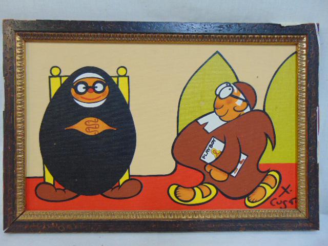 Painting, monk & Playboy, Xavier Cugat, oil on canvas: Painting, monk & Playboy, Xavier Cugat, oil on canvas board, 10" by 16"