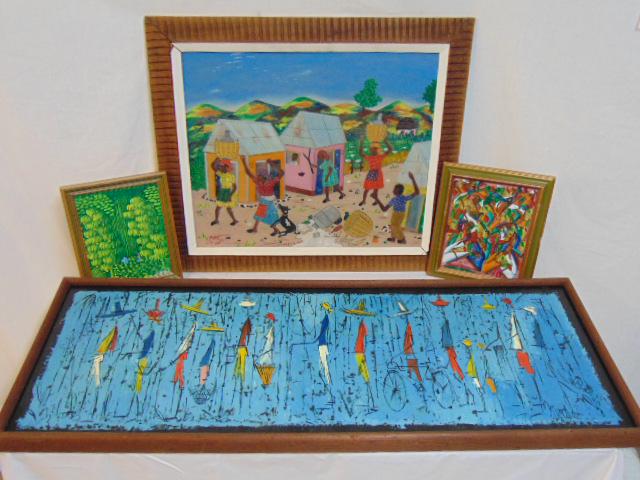 4 Haitian paintings, oil on masonite, figures, some: 4 Haitian paintings, oil on masonite, figures, some with bicycle against blue background, signed Merten (?) 16" by 48"; oil on canvas, figures working in field, H.R. Brasil 10.25" by 8"; oil on masoni
