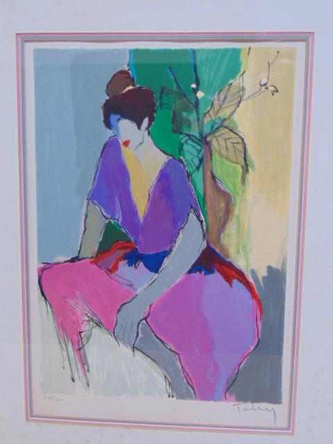 Lithograph, seated woman, Isaac Tarkay, 299/300, 16.5": Lithograph, seated woman, Isaac Tarkay, 299/300, 16.5" by 11.5", actual art looks ok, matting shows foxing, needs to be reframed.