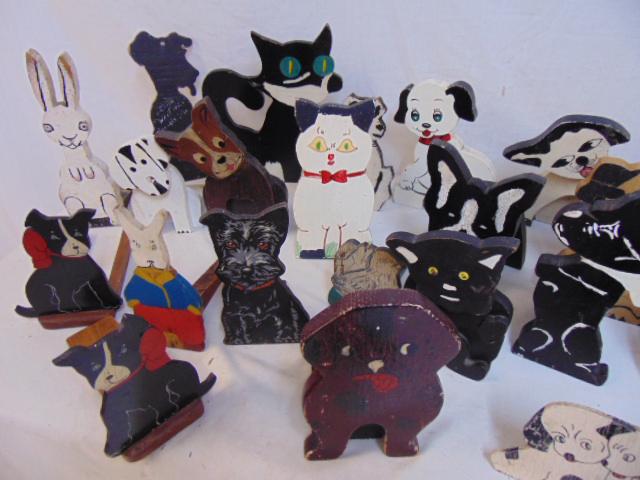 Lot carved wood & paint decorated doorstops, various: Lot carved wood & paint decorated doorstops, various animals, cats, dogs & a few bunnies