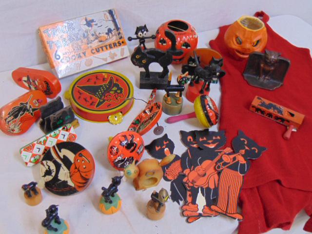 Lot vintage Halloween items, push toys, noise makers,: Lot vintage Halloween items, push toys, noise makers, lanterns Trick or Treat Cooky Cutters & more