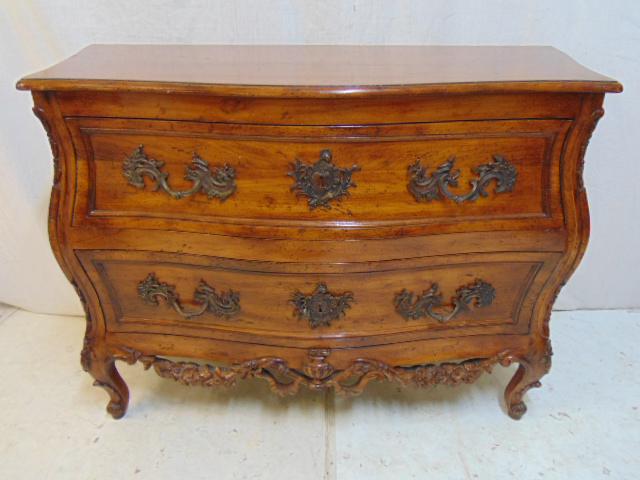 Commode, 2 drawer chest, bombe front, carved ribbon: Commode, 2 drawer chest, bombe front, carved ribbon carvings, decorative hardware, chest is 44" by 18.75", height is 32.25"
