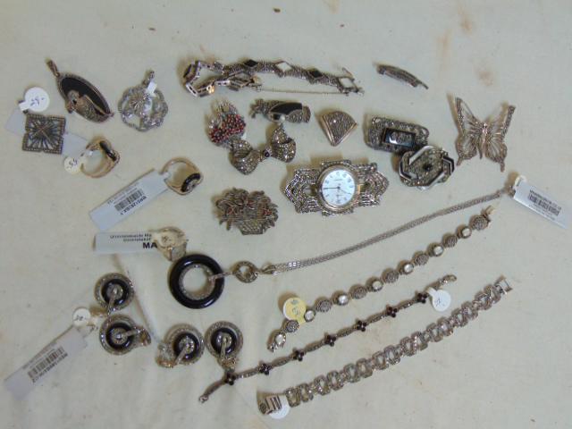 Jewelry. Sterling & Marcasite lot including 4 bracelets;: Jewelry. Sterling & Marcasite lot including 4 bracelets; 10 pins; 2 pairs earrings; 3 rings; 1 necklace; & 3 pendants.. black onyx & garnet