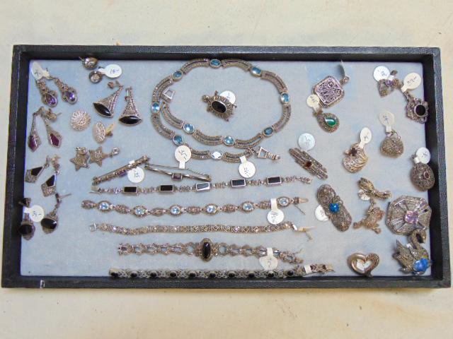 Jewelry. Sterling & Marcasite lot including 5 bracelets;: Jewelry. Sterling & Marcasite lot including 5 bracelets; 10 pins; 8 pairs earrings; 7 pendants; & 1 necklace; various stones black onyx, amethyst, lapis; blue topaz.