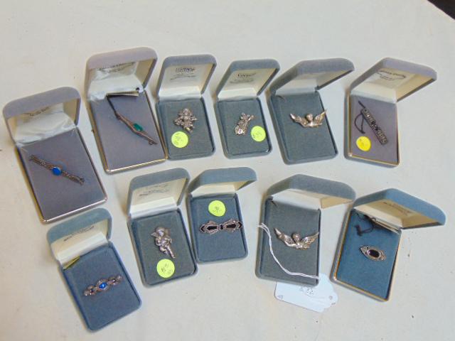Jewelry. (11) Sterling pins, cherub/angels, marcasite &: Jewelry. (11) Sterling pins, cherub/angels, marcasite & various stones, black onyx; etx..